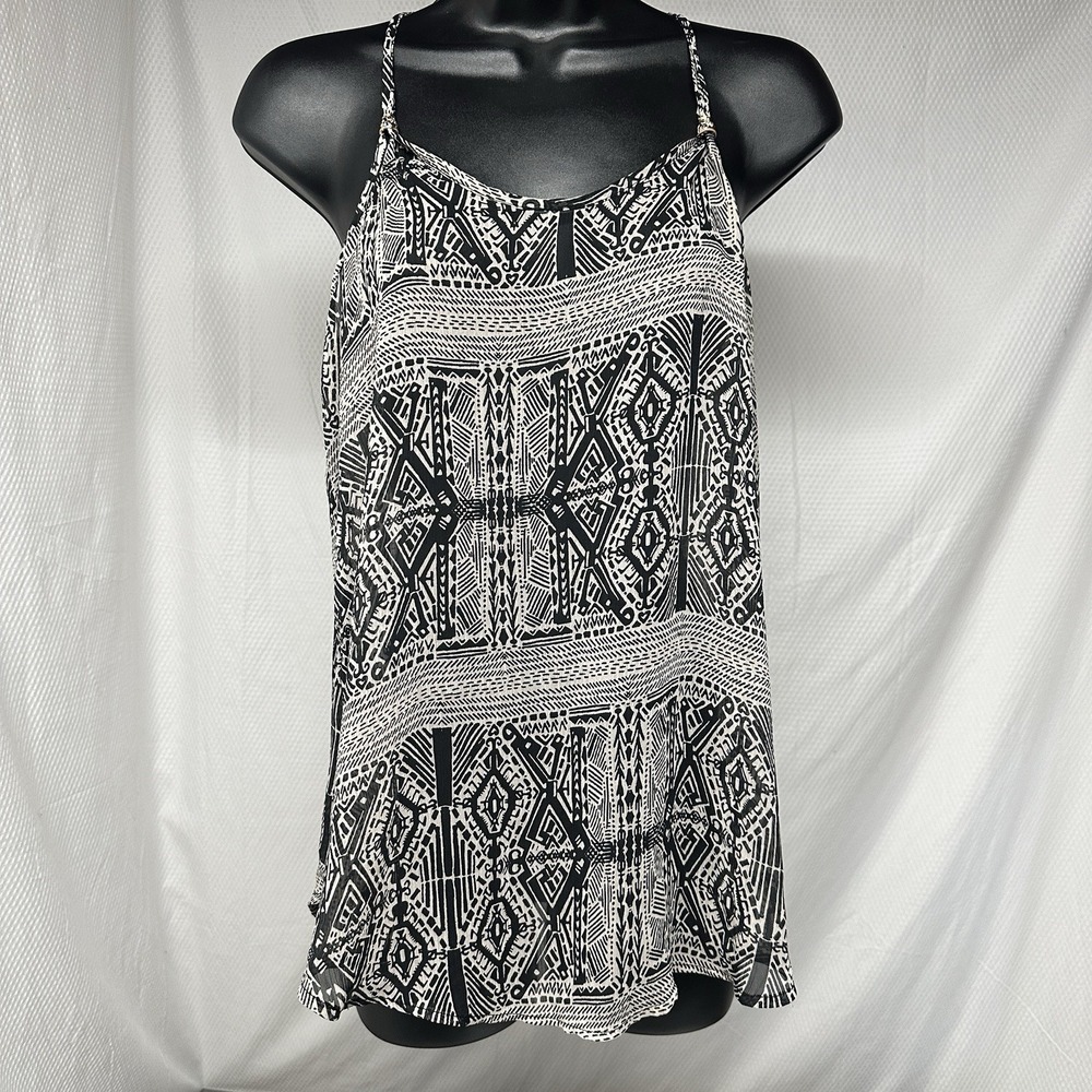 Womens Sheer Black White Aztec Print Halter Neck Tank‎ Top Flowy Tank Black Tank